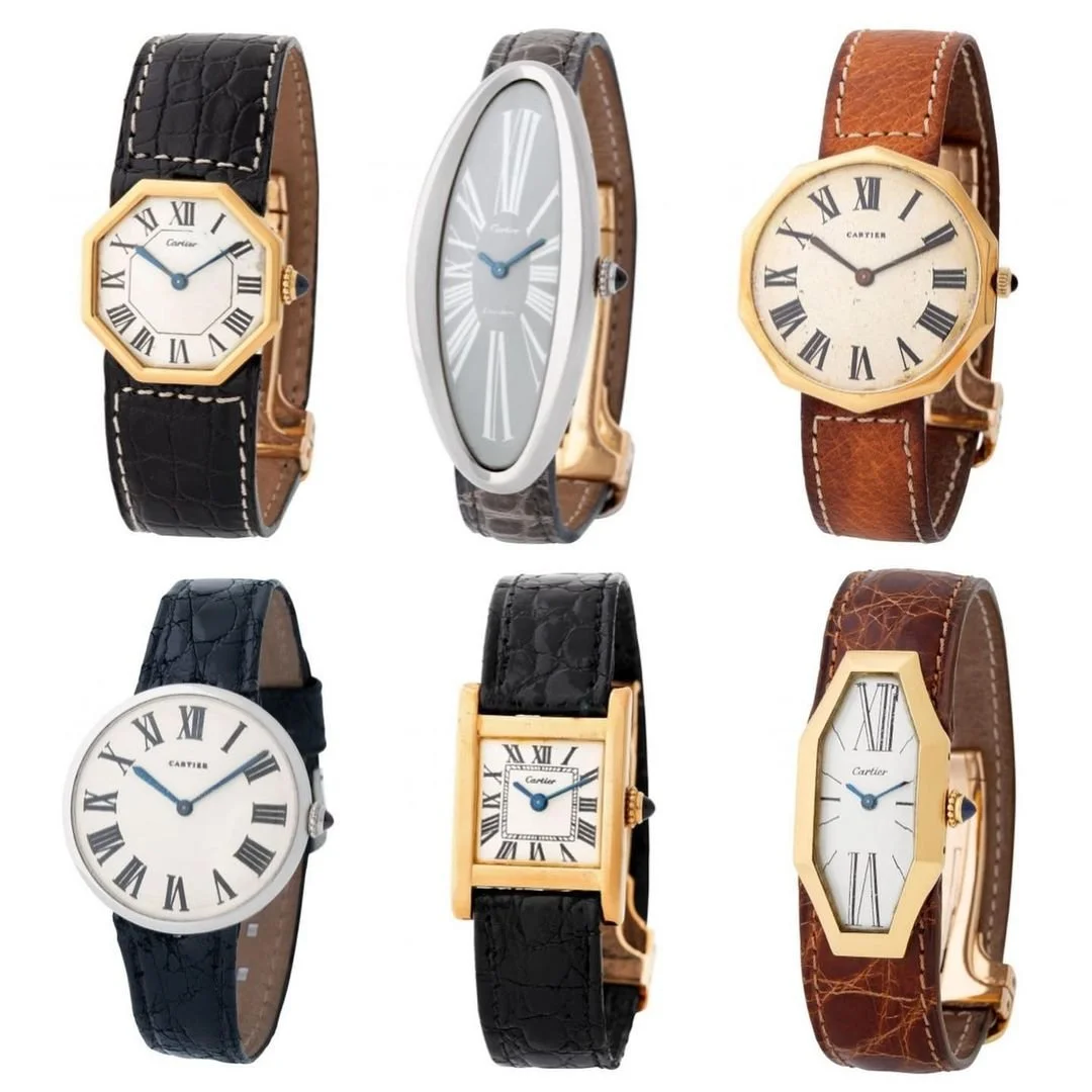 Six vintage Cartier watches: octagonal, oval, round, rectangular gold cases, leather straps.