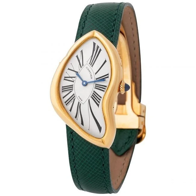 Gold Cartier Crash watch with a distorted case, white dial, and green leather strap.