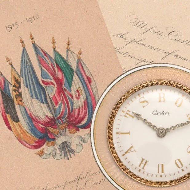 Gold and pink enamel Cartier watch face next to a 1915-1916 document with flags.
