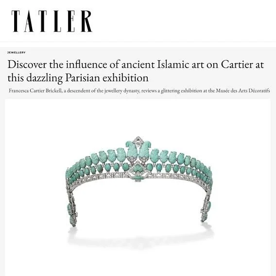 Cartier tiara: rows of carved greenish-blue turquoise and sparkling diamonds in white metal.