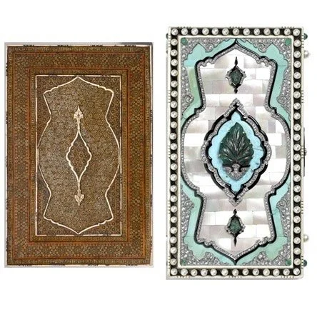 Ornate brown inlaid panel. Right: Cartier mother-of-pearl, turquoise, diamond, and carved emerald compact.