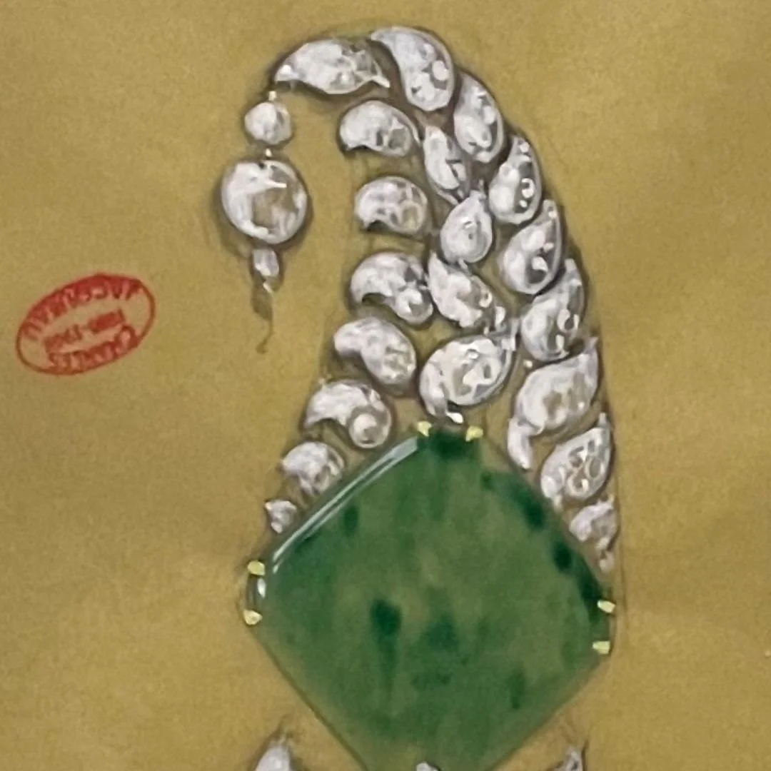 Charles Jacquiau design drawing: green jade and rose-cut diamond paisley brooch.