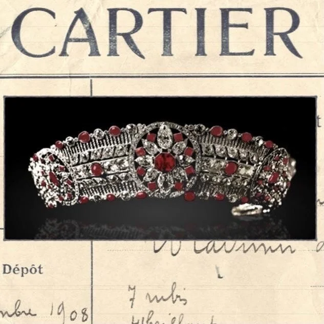 Platinum and diamond bracelet with central ruby cluster, on a 1908 Cartier document.