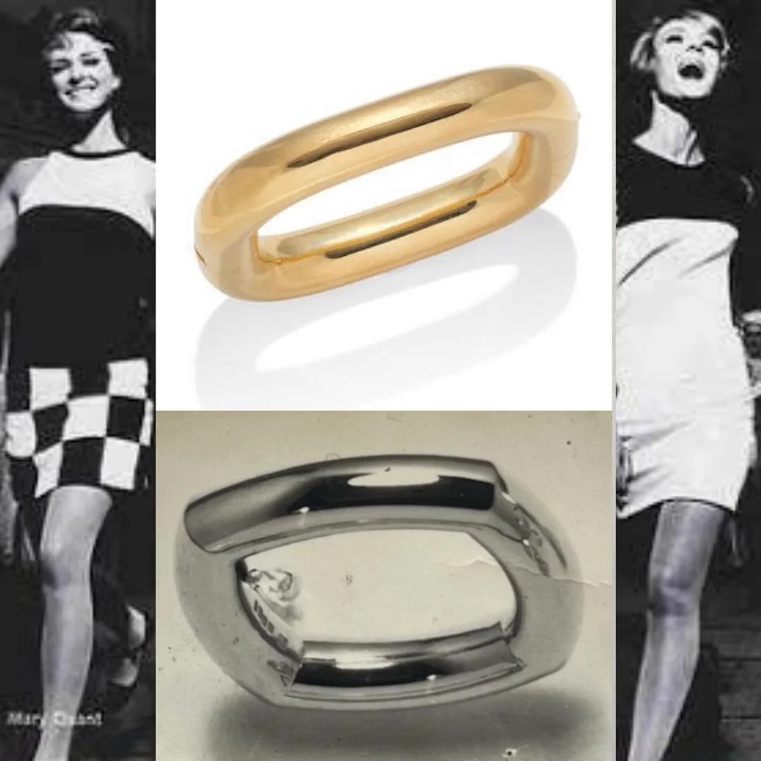 Chunky gold and white metal oval links, flanked by 1960s mod models.