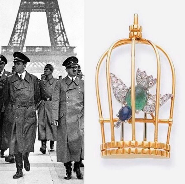 Hitler in occupied Paris; Cartier gold 'Caged Bird' brooch with diamonds, emerald, sapphire.