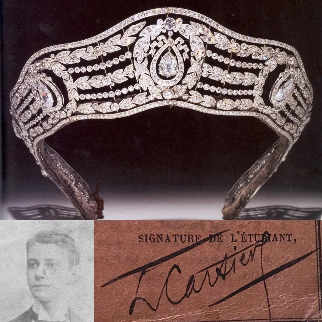 Belle Époque diamond tiara, young man's portrait, and L. Cartier's signature.