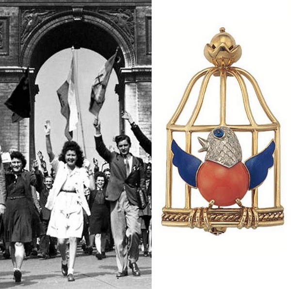 Black and white 1944 Paris liberation scene; gold, coral, enamel, diamond Cartier birdcage brooch.