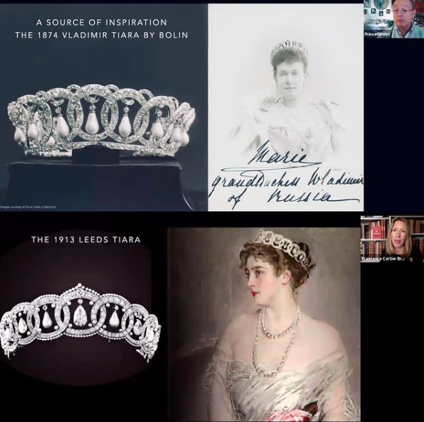 1874 Vladimir and 1913 Leeds diamond and pearl tiaras, with portraits of women wearing similar pieces.