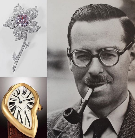 Diamond flower brooch with pink center, melting gold watch, and man with glasses and pipe.