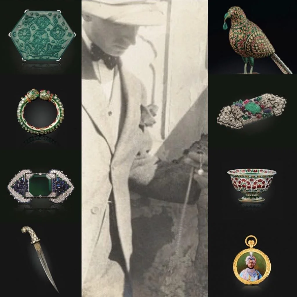 Man in hat, surrounded by eight colourful vintage Cartier jewels and artefacts.