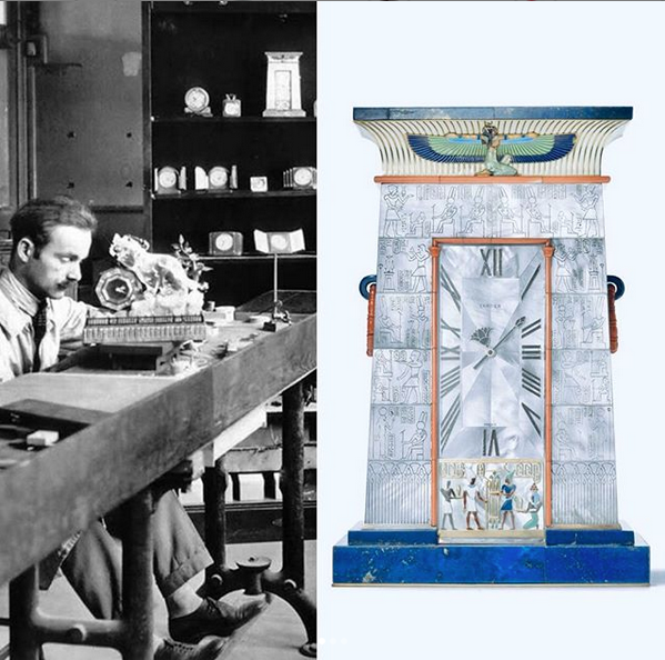Craftsman at workbench, next to an ornate Art Deco Egyptian mystery clock.