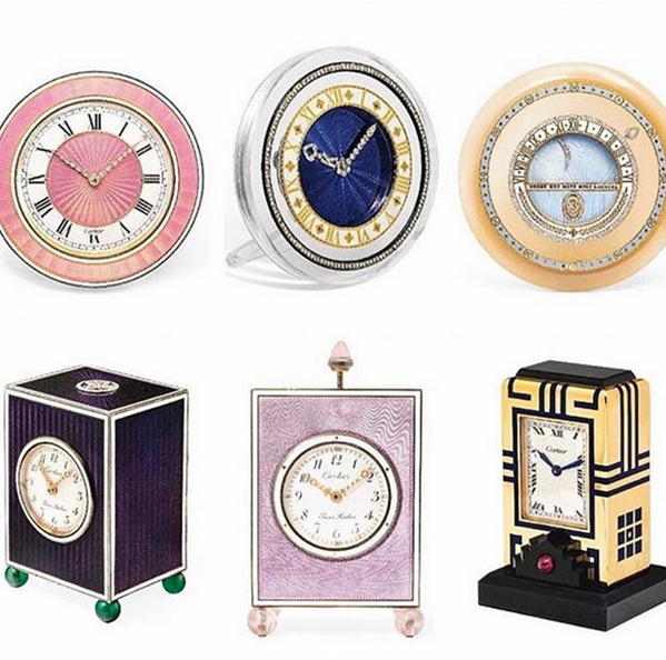 Six vintage Cartier desk clocks in various enamel colours, gold, and Art Deco designs.