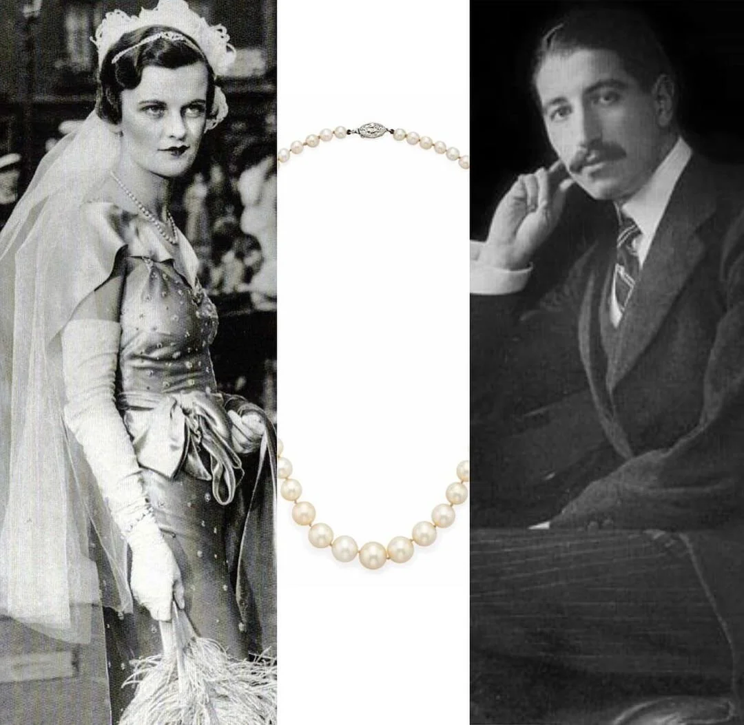 1930s bride in tiara, graduated pearl necklace with diamond clasp, and Louis Cartier.