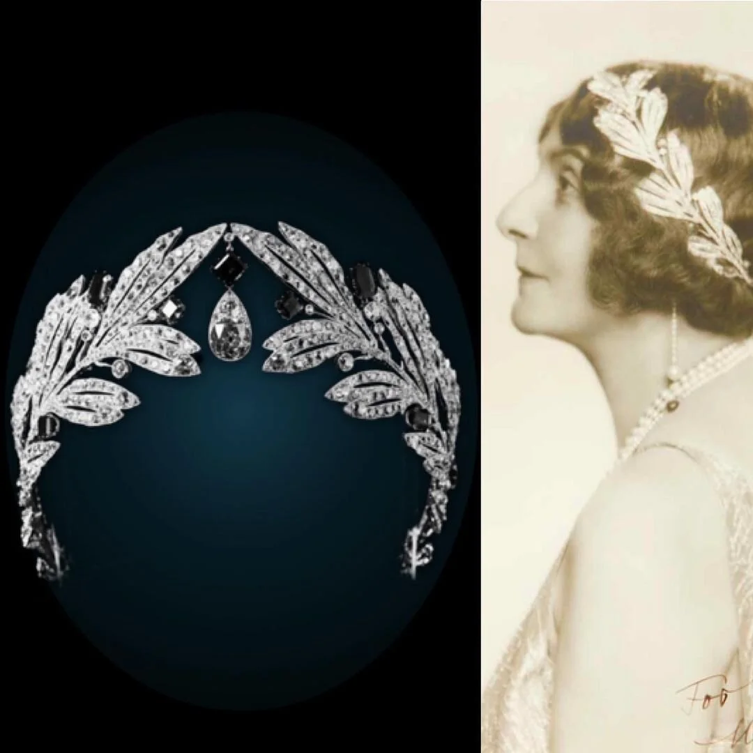 1920s diamond and black gemstone laurel leaf tiara, worn by a woman in profile.