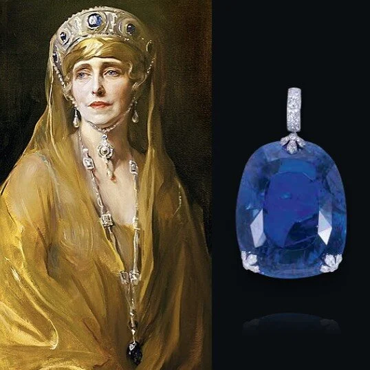 Painting of a woman in a sapphire headpiece and necklace, beside a large cushion-cut sapphire pendant.