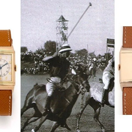 Two gold rectangular watches with brown straps frame a vintage black and white polo match.