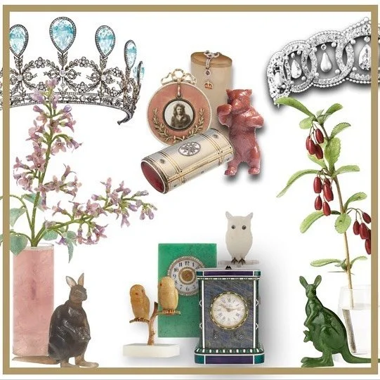 Vintage Cartier diamond tiara, bracelet, clocks, and carved animal figurines collage.