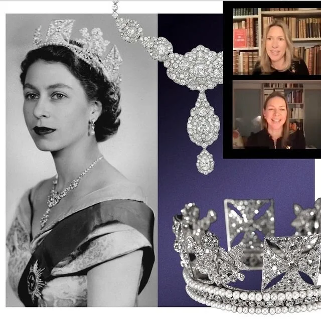 Queen Elizabeth II in diamond tiara and necklace; close-ups of diamond and pearl jewels.