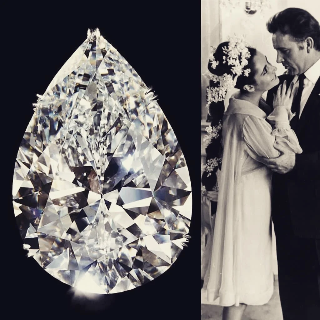 Pear-shaped brilliant diamond on black, beside Elizabeth Taylor and Richard Burton, 1960s.