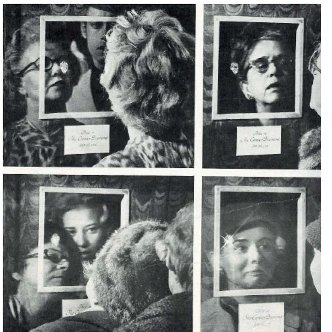 Four black and white panels: people view the Cartier Diamond's reflection on their faces.
