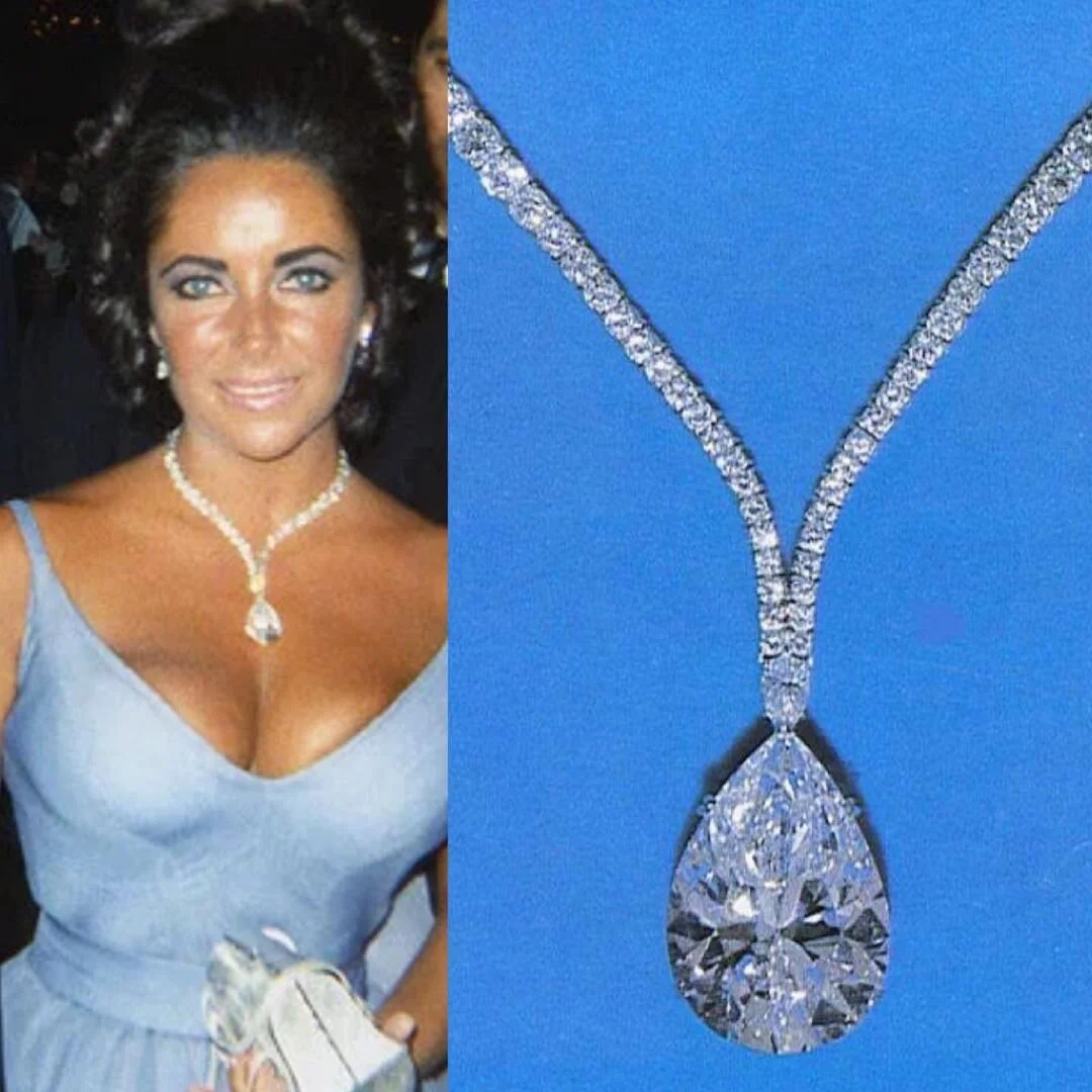 Elizabeth Taylor wearing the Cartier-Burton diamond necklace with a large pear-shaped pendant.