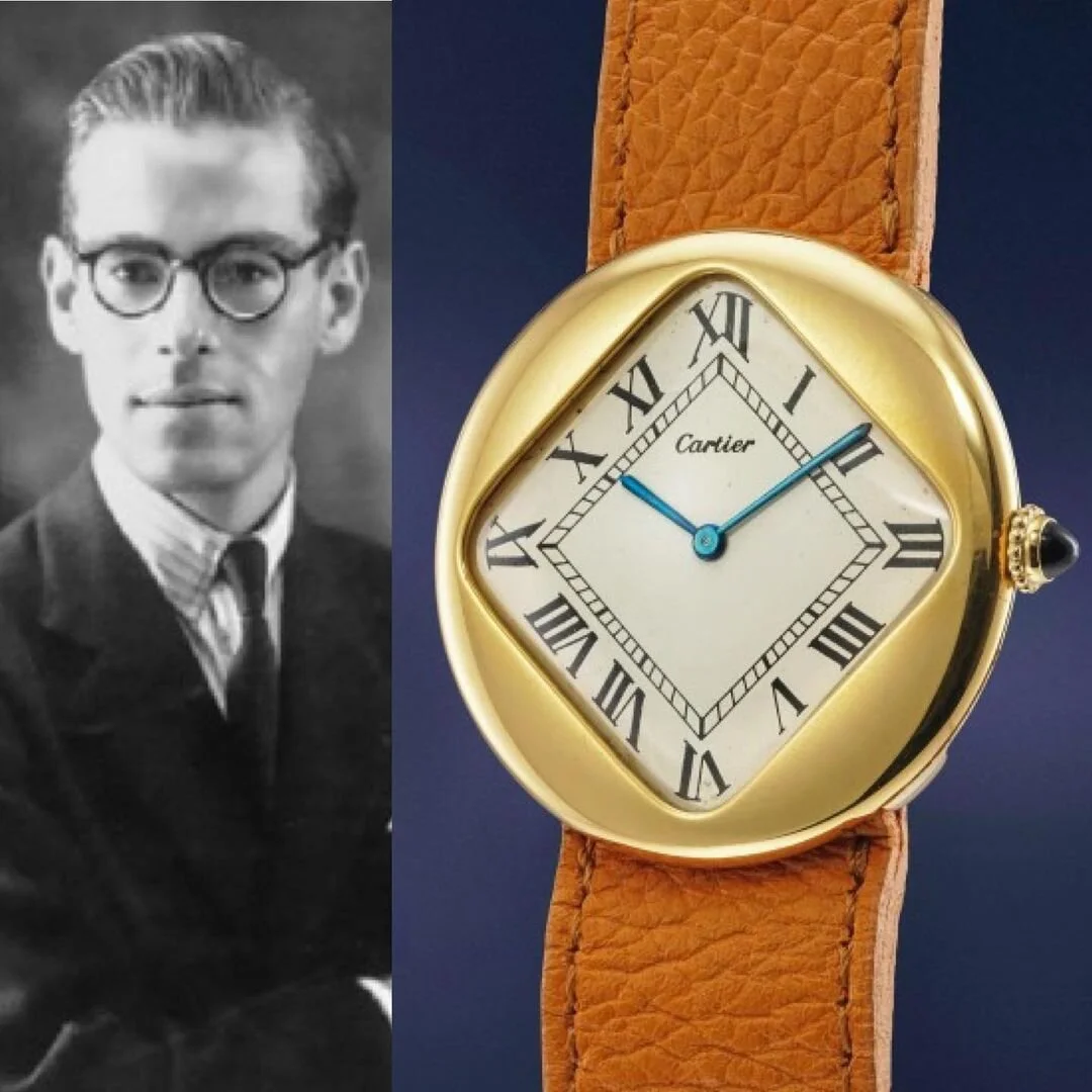 Man in glasses and suit, beside a gold Cartier watch with square dial and brown strap.