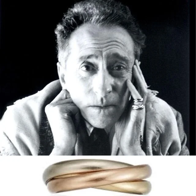 Black and white portrait of Jean Cocteau wearing a Trinity ring; below, the three-gold ring.
