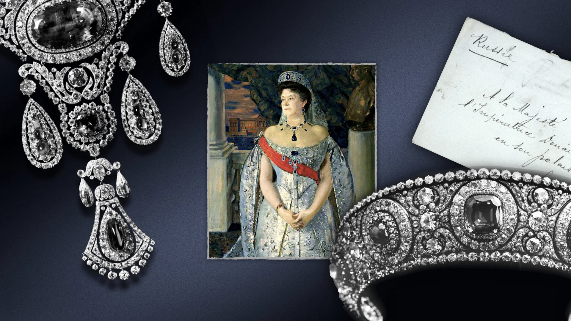 Diamond parure, painting of Empress Maria Feodorovna wearing royal jewels, diamond tiara, and note.