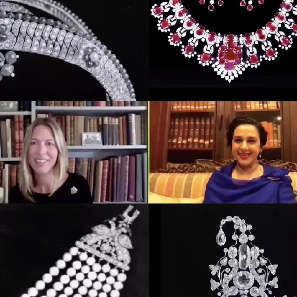 Collage: Francesca Cartier Brickell, a woman, and two ornate diamond, pearl, and ruby necklaces.