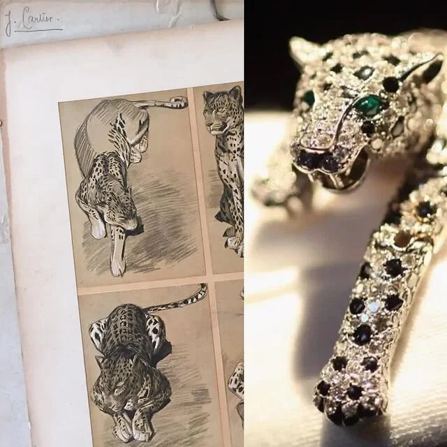 Vintage Cartier panther sketches on paper next to a diamond, emerald, and onyx Panthère jewel.