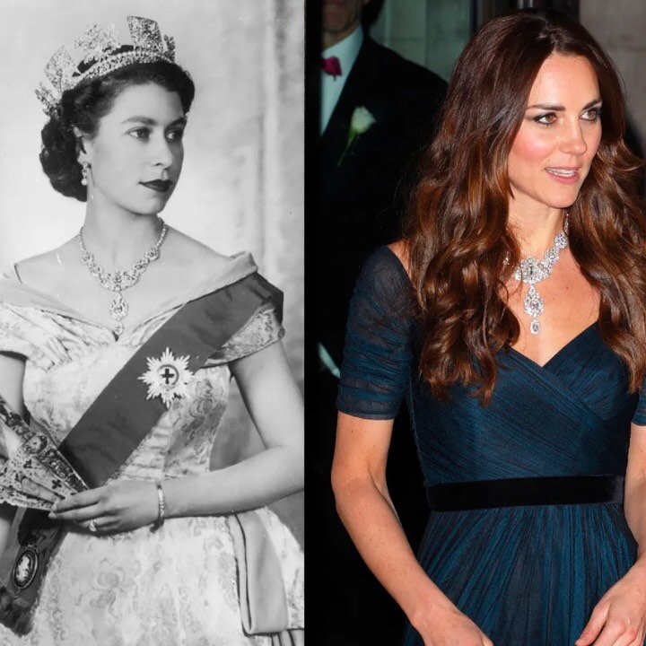 Young Queen Elizabeth II and Kate Middleton wear the diamond Nizam of Hyderabad necklace.