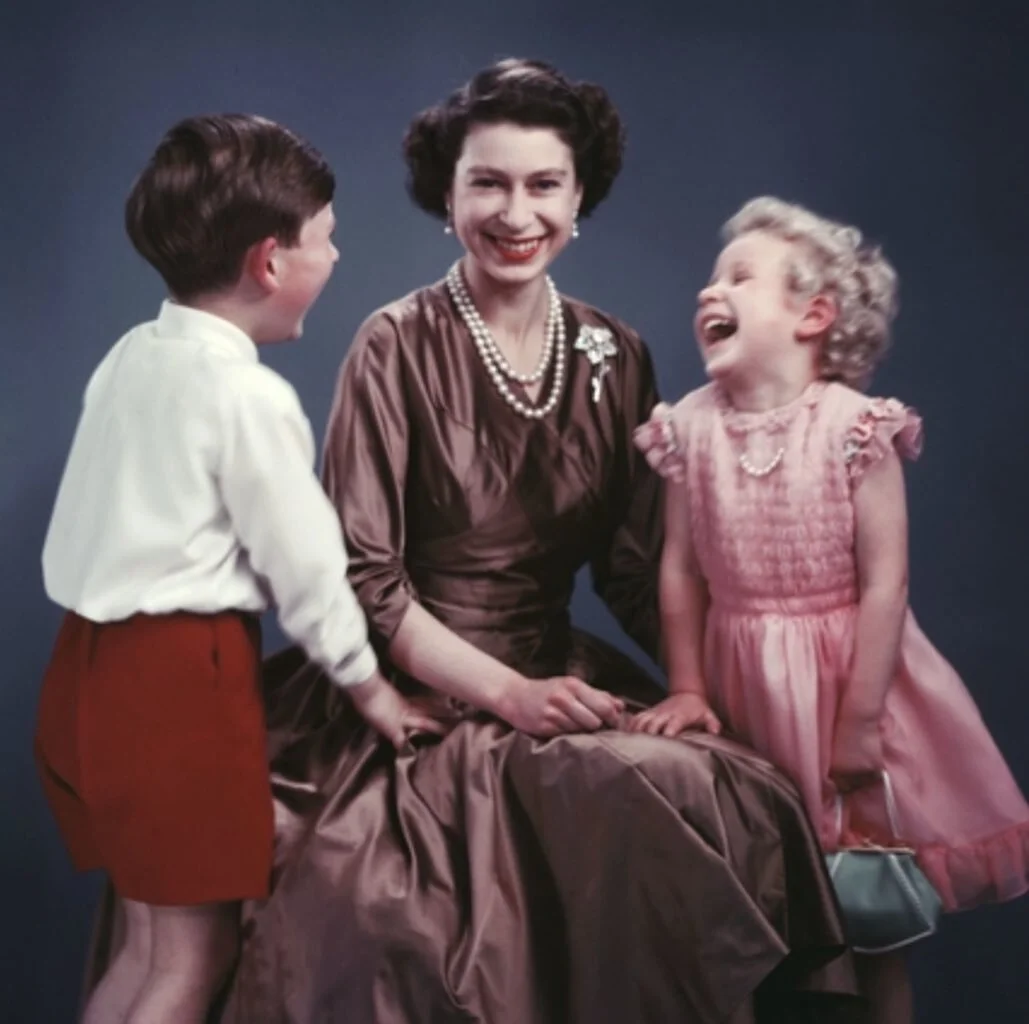 Queen Elizabeth wearing Williamson Brooch with Prince Charles and Princess Anne