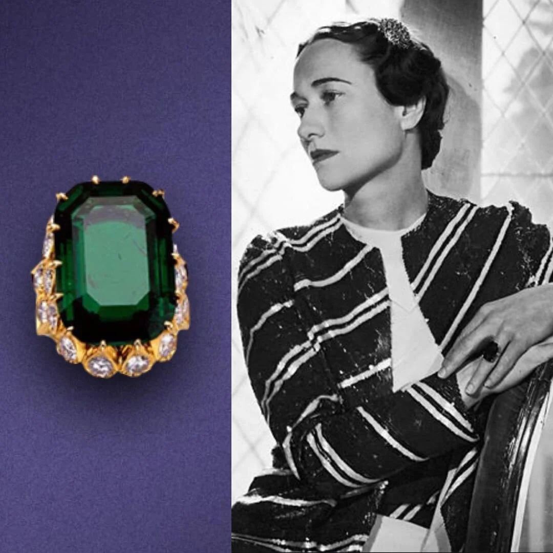 Wallis Simpson in B&W, next to her vintage emerald and diamond ring.