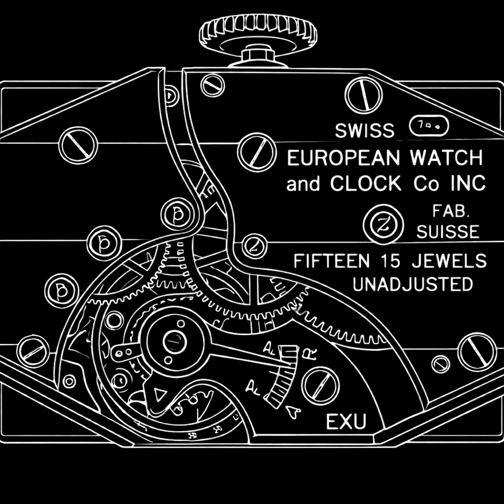 European Watch and Clock Co. Inc movement — showing EWC signature, FAB. SUISSE, and EXU export code