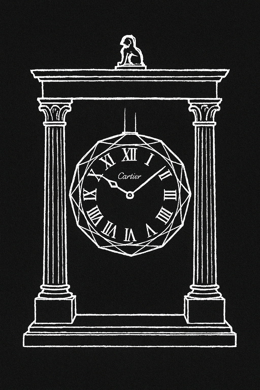 Ilustração de um relógio misterioso Cartier Portique: duas colunas altas sustentando um lintel horizontal com um disco de cristal transparente suspenso entre elas